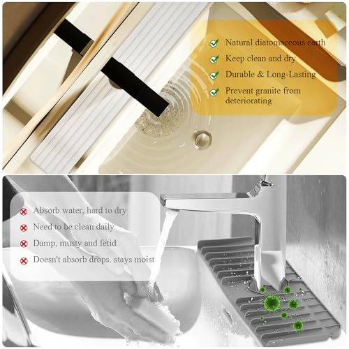 Diatomite Stone Faucet Mat for Kitchen Sink, 23.6 Inch Fast Drying Splash Guard, Super Absorbent Sink Tray Caddy for Dish Soap & Sponge, Bathroom Counter Protector & Organizer, White