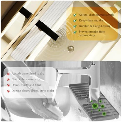 Diatomite Stone Faucet Mat for Kitchen Sink, 23.6 Inch Fast Drying Splash Guard, Super Absorbent Sink Tray Caddy for Dish Soap & Sponge, Bathroom Counter Protector & Organizer, White