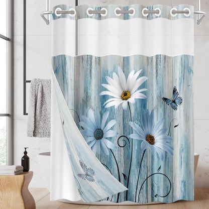 No Hook Shower Curtain with Snap in Liner 54x80 Inch Daisy Floral | Wooden Rustic Blue Modern Double Layers Waterproof Fabric with See Through Top Window Open Grommet Bath Curtain - color: Blue Daisy 2, size: 54"W x 80"L (Pack of 1)
