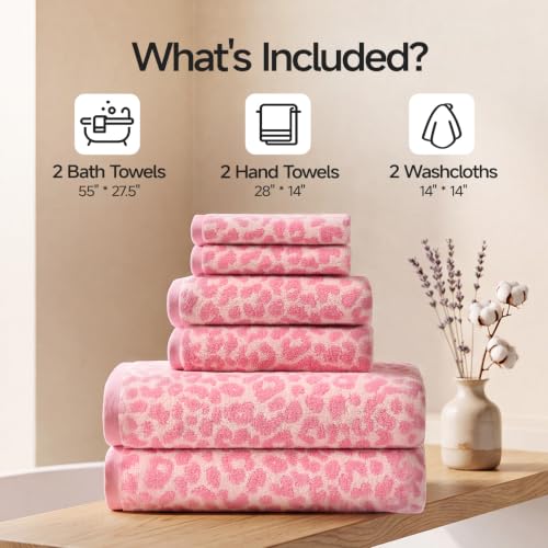 REDKISS Leopard Print Towel Set of 6,100% Cotton Bathroom Towels,Quick Dry & Absorbent,2 Bath Towel, 2 Hand Towel, 2 Washcloth-Pink - color: Pink