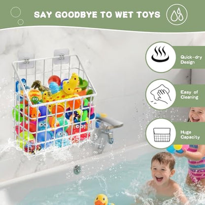 Greentainer 2 Pack Bath Toy Storage Organizer, Large Rustproof Metal Wire Basket, Wall Mounted Hanging Bathtub Holder, Bathroom Shower Caddy for Tub Toys & Toiletries - color: White