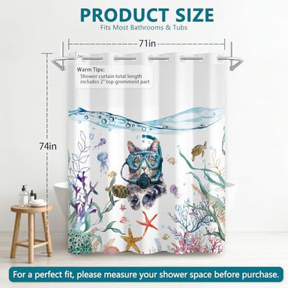 Ocean No Hook Cat Funny Shower Curtain, Waterproof Kids Shower Curtain with Snap in Liner and Mesh Top Window, Funny Shower Curtains for Bathroom, Cute Diving Cat Nautical Bath Curtain, 71x74 Inches - color: Scuba Diving Cat