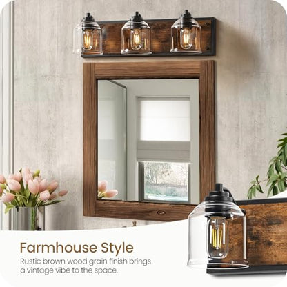 3-Light Bathroom Fixture, 23.2" Large Farmhouse Vanity Light, E26 Base (Bulbs Not Included), Thickened Glass Shade, for Bathroom, Bedroom, Vanity, Hallway, Rustic Brown and Black F17BD05 - size: 3-Light