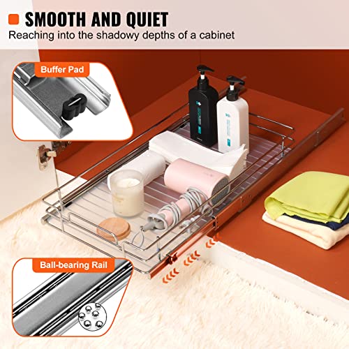VEVOR 12.5"Wx21"Dx3.5"H Pull Out Cabinet Organizer, Heavy Duty Slide Out Pantry Shelves, Chrome-Plated Steel Roll Out Drawer, Drawer Storage for Home Under Sink, 14"Wx22"Dx7"H Install Size for Cabinet - size: 12.5"Wx21"D
