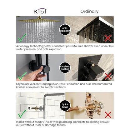 KIBI Cube 2-Function Wall Mounted Rain Shower Column | Bathroom Shower Faucet System with Solid Brass Rough-In Valve, 10" Rain Shower Head | Easy Temperature Control (Brushed Brass, KSC404) - color: Brushed Brass