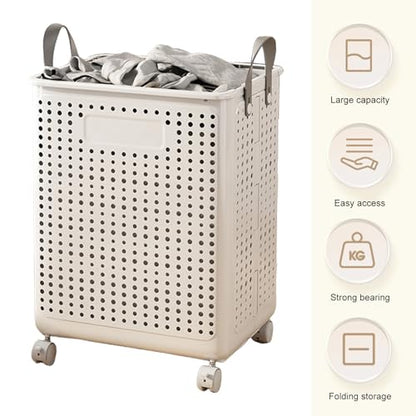 Slim Rolling Laundry Basket with Wheels Plastic Foldable Dirty Clothes Hamper Large Capacity Breathable Mesh Laundry Bin with Leather Handles for Narrow Space Bathroom White M