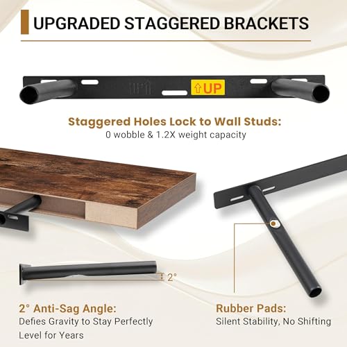 Vivelove Deep Floating Shelves, 16 x 12 Inch, Rustic, Set of 2 | Invisible Brackets, Easy Mount Shelf with Hardware Kit, for Bathroom Bedroom Living Room Kitchen, Engineered Wood - color: Rustic Brown, size: 15.7”wx12”dx1.5”h