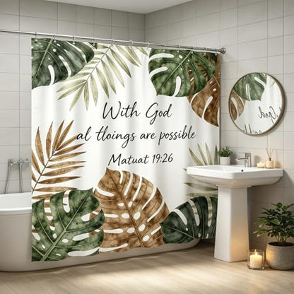 Bible Verse Shower Curtain, Christian Scripture Inspirational Quotes, Tropical Green Plant Shower Curtain,72x72 Inch Waterproof Polyester Insulated,with 12 Hooks - color: Multicolor Bb