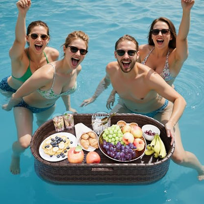 Devoko Pool Floating Tray 38”x20” Wicker Swimming Pool Drink Holders, Brown | Large Oval Portable Serving Tray with Handles Wicker Swimming Pool Bar Accessories Floating Table for Adults, Spas, Parties - color: Brown