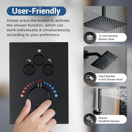 Thermostatic Dual Shower Head System, Matte Black Shower Faucet | 12 Inch Ceiling Rainfall Shower, 6 Inch Wall Mount Head, High Pressure Handheld Sprayer, Push Button Valve - color: Matte Black