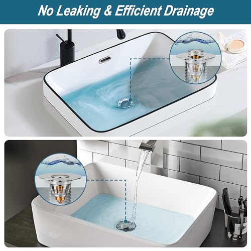 Universal Bathroom Sink Stopper - Upgraded Pop up Drain Strainer with Hair Catcher, Fits 1.1-1.5 Inch U.S. Standard Drain Holes - Anti-Clogging Filter - Pure Brass Construction