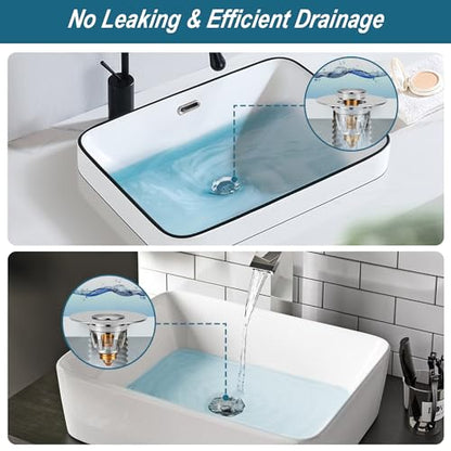 Universal Bathroom Sink Stopper - Upgraded Pop up Drain Strainer with Hair Catcher, Fits 1.1-1.5 Inch U.S. Standard Drain Holes - Anti-Clogging Filter - Pure Brass Construction