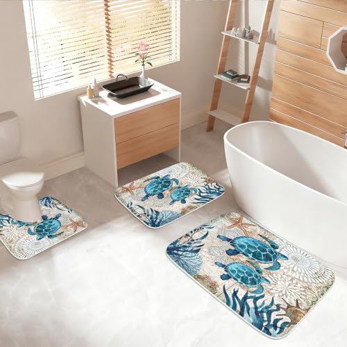 Nautical Sea Turtles Blue Ocean Beach Bathroom Rugs and Mats Sets 3 Piece, Memory Foam Bath Mat, U-Shaped Contour Shower Mat Non Slip Absorbent, Velvet Washable 20 x 31 inch - color: Color1