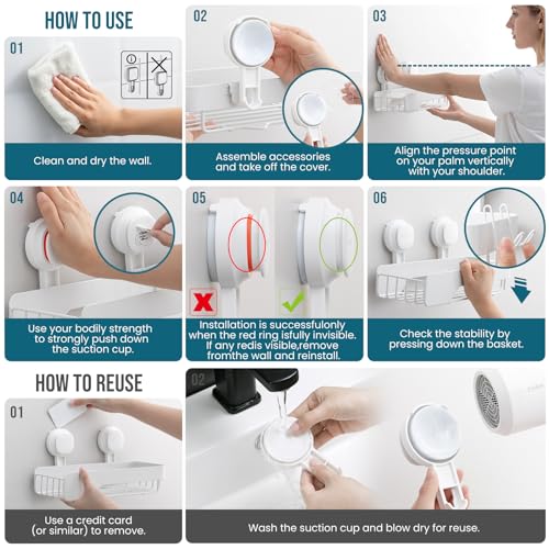 TAILI Shower Caddy Suction Cup Rustproof Metal Visible indicator White | 2 Pack Rustproof,No Drilling Wall Mounted Basket, Upgraded Removable Suction Cup Bathroom Organizer Heavy Duty Shampoo - color: Visible indicator White x2