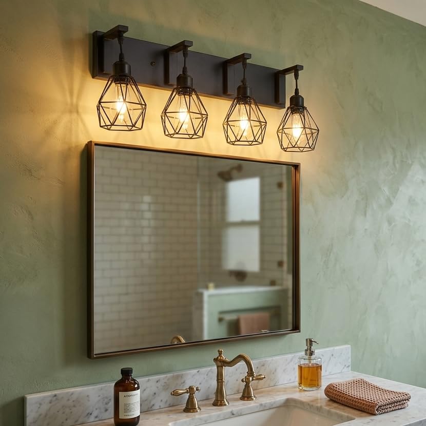 Somniferous 4 Light Bathroom Vanity Light, Farmhouse Bathroom Light Fixtures Over Mirror, Black Vanity Light with Caged Metal Shade, Rustic Wall Light Fixture for Bedroom, Living Room, E26 Socket - size: 4-Light