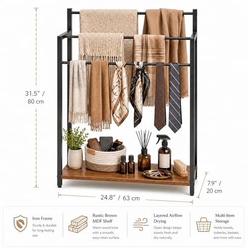 24.8" W Freestanding Towel Rack with Rustic Brown Wood Shelf | 3 Tier Blanket Ladder Stand for Bathroom Living Room, Metal Frame - color: Rustic Brown, size: 31.5" H x 24.8" W x7.9 D