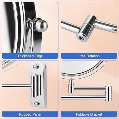 8'' Makeup Mirror Wall Mounted, Wall Mounted Makeup Mirror with 1X/10X Magnifying Mirror 360° Swivel Extendable Adjustable Arm Extendable Mirrors for Bathroom, Chrome (No Light)