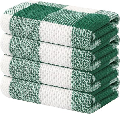 Homaxy 100% Cotton Waffle Weave 4 Pack Kitchen Towels, 13" x 28 | White & Dark Green, Waffle Weave, Plaid, Super Soft and Absorbent Dish Towels, Quick Drying - color: White & Dark Green, size: 13 x 28 - 4 Pack