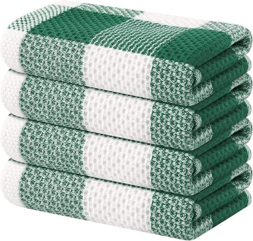 Homaxy 100% Cotton Waffle Weave 4 Pack Kitchen Towels, 13" x 28 | White & Dark Green, Waffle Weave, Plaid, Super Soft and Absorbent Dish Towels, Quick Drying - color: White & Dark Green, size: 13 x 28 - 4 Pack