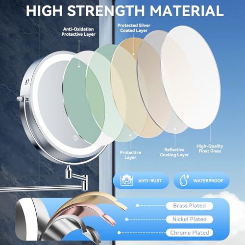 Auxmir 9″ 5000mAh 1X/30X Wall Mounted Lighted Magnifying Makeup Mirror | Power Adapter&2 Tweezers Included/ 3 Dimmable Colors/ Dual Sided Button Control/ Rechargeable/ 360° Rotation Extended Arm - color: 9'' 30x-chrome+adapter