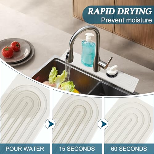 Diatomite Quick-Drying Stone Mat Set, Stone Mat for Kitchen Sink & Bathroom Sink Cover for Counter Space, Fits Soap Cups Sponges, Fast Water-Absorbing to Keep Dry (White, 15.7×3.9inch)