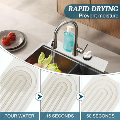 Diatomite Quick-Drying Stone Mat Set, Stone Mat for Kitchen Sink & Bathroom Sink Cover for Counter Space, Fits Soap Cups Sponges, Fast Water-Absorbing to Keep Dry (White, 15.7×3.9inch)