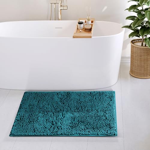 Hearth & Harbor Bathroom Rugs, Chenille Bath Mat - Machine Washable Bath Mats for Bathroom Non-Slip Backing Rubber, Quick Dry Bathroom Mat - color: Teal, style: 20 x 32