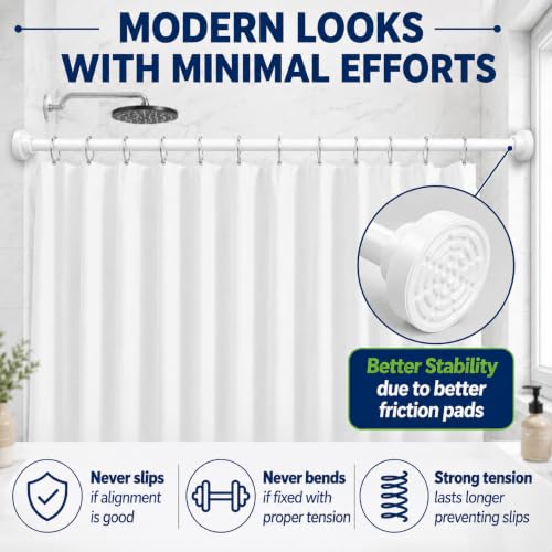 Shower Curtain Rod With 12 Hooks - 26x78 in No Screw Curtain Rod | Rust Free & No Drill Curtain Rod with Spring, Versatile & Heavy Duty Tension Rod for Home, Kitchen, Bedroom, Closet & Showers - color: white-hk