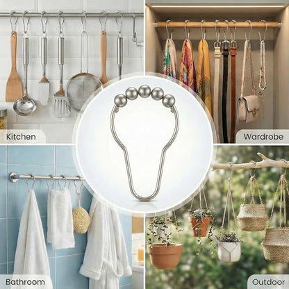 Shower Curtain Hooks Rings Set of 12, Rust Resistant Metal Double Glide Shower Hooks with Smooth Roller Balls for Bathroom Shower Rods and Curtains Nickel - color: Nickel