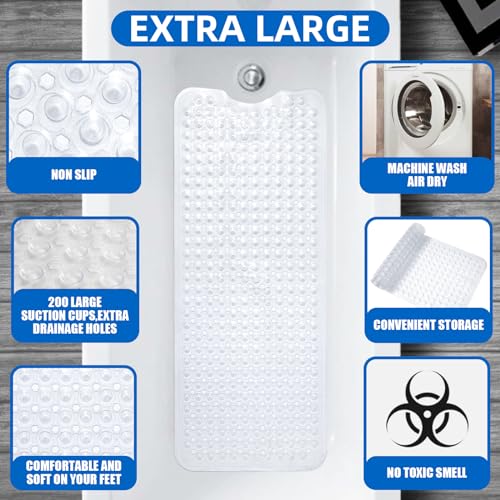 MOONFLY Shower and Bathtub Mat,40x16 Inches,Extra Long Non Slip Mats with Suction Cups and Drain Holes, Machine Washable and Anti Slip Bathmats, Bathroom Mats for Tub Nonslip (Clear) - color: Clear
