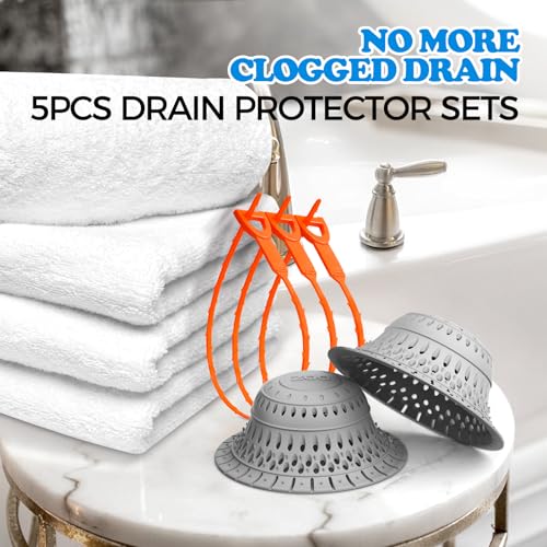 Bathtub Drain Strainer Silicone Bathroom Stopper Fixture Accessories | 5 pcs set: 2 pack silicone collapsible drain protector and cover with 3 snake drain clog removers for tub & shower - color: Gray Red