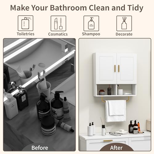 Wall Mounted Bathroom Storage Cabinet Medicine Cabinet | Medicine Cabinet with Adjustable Shelves & Towel Bar for Bathroom, Laundry Room, Bedroom, Enterway - color: White