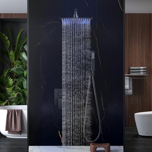 Aolemi Shower Faucet Set with Valve Handheld 10" LED Head Matte Black | Handheld Spray,10 Inch Rain LED Head,Valve and Trim Kit,All Metal,Wall Mount Shower System,Bathroom Mixer - color: Black, size: 10 Inch LED Shower Head