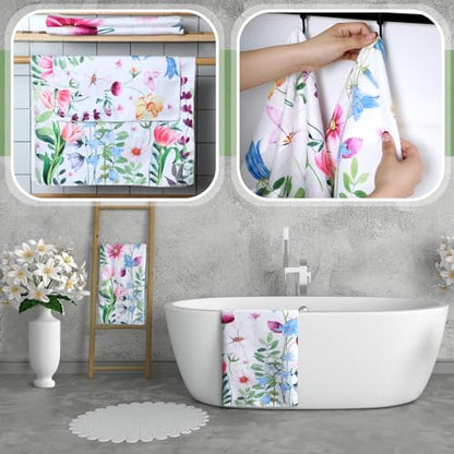 Preboun 3 Pack Floral Hand Towels Spring Bathroom Towels Set Watercolor Wildflower Hand Towels Butterfly Bath Towels Plant Leaves Dish Towels for Bathroom Kitchen Hotel Gym Spa - color: Pink, Blue, Yellow, style: Flower