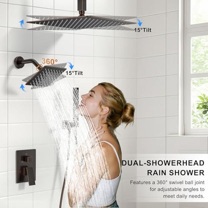 Rain Shower System 12" & 6" Dual Shower Heads Ceiling Shower Faucet Set | Ideal for bathroom remodels and upgrades with 12" rain shower, 6" angled shower, handheld spray and complete valve kit. - color: Oil Rubbed Bronze, size: Ceiling Mounted - 12"+6" Sh