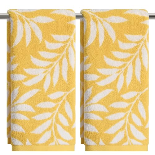 Artoid Mode 2 Pcs Beige Yellow Leaves Jacquard Hand Towels for Bathroom, 100% Cotton Soft Absorbent Bathroom Decor Towels, 13.7 x 29.5 Inch - color: Beige/Yellow, size: 13.7" x 29.5", 2PCS