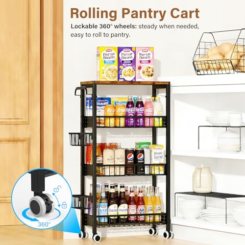 7.8 Inch Ultra-Slim 4-Tier Rolling Storage Cart with Adjustable Shelves | Lockable Wheels & Wooden Top for Narrow Spaces Between Washer/Dryer, Bathroom, Kitchen Organization (Black)