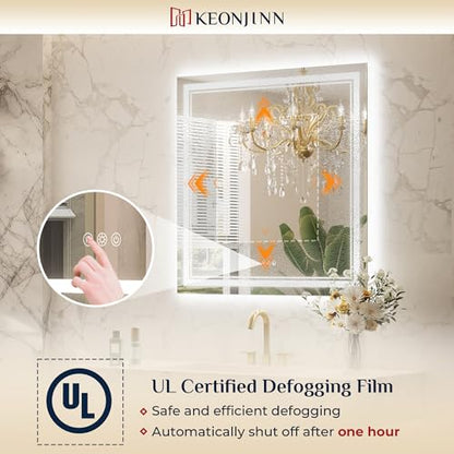 Keonjinn 36" x 36" LED Bathroom Mirror with Lights, HD Tempered Glass | Frontlit and Backlit, Separately Frontlit/Backlit, Double Light Strips, Stepless 3 Colors Light & Dimmable, Fast Defogging - size: 36"L x 36"W