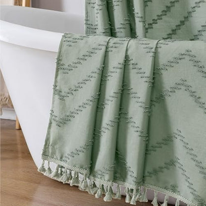 Small Boho Stall Shower Curtain, Sage Green Fabric Cloth Stall Shower Curtain 36 x 72 Half Size with Tassel Tufted Chevron Striped Textured Modern Farmhouse for Bathroom, Machine Washable - color: Sage Green, size: 36"W x 72"L (Pack of 1)
