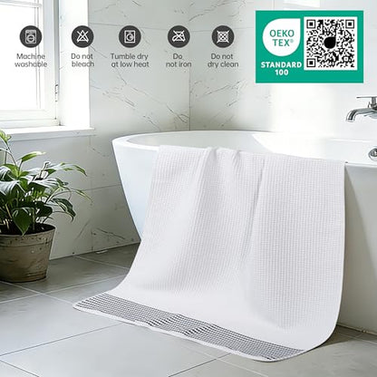 MICROFI New Microfiber Waffle Bath Towels, 2 Pieces, Soft, Absorbent, Fast Drying, Lint Free 430 GSM (30''x60''/76cm x 152cm) - color: White Striped