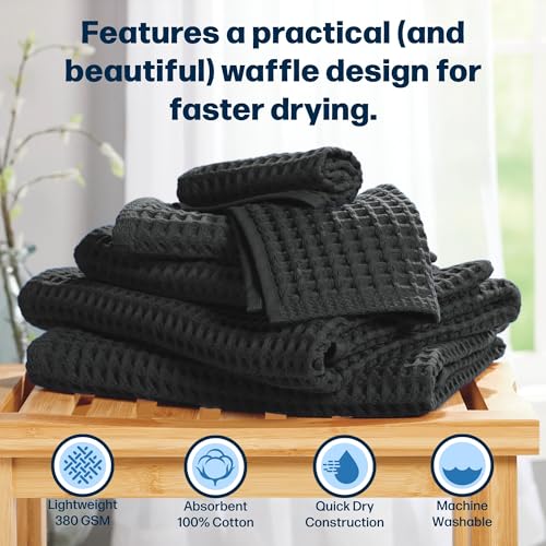 Stoneberry Home® 6-Piece Waffle Towel Set Cotton Black - color: Black