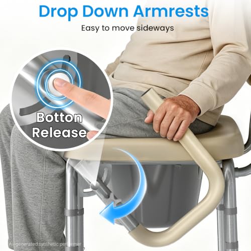 HOMLAND Drop Arm Bedside Commode Toilet with Padded Seat & Backrest, 300LB | Adjustable Height, Easy Side Transfer, Portable Toilet for Seniors and Adults, 6.3QT Bucket, Tool-free Assembly Potty Chair