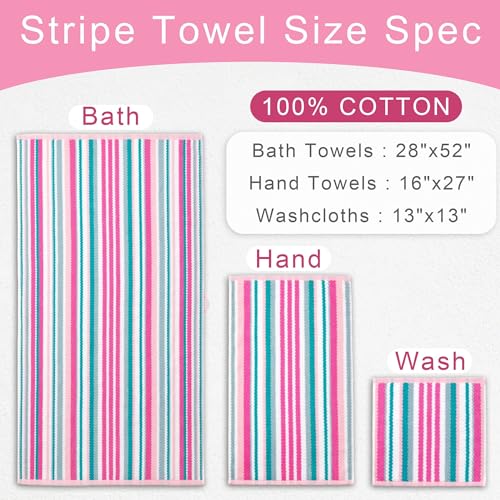 VOOVA & MOVAS Striped Towels 6 Pack, 100% Cotton, Pink Aqua | Bathroom & Guest Space, Available in 13x13, 16x27, 28x52 In, Quick Dry, Bath Towels with Hanging Loops, Absorbent - color: Pink + Aqua + Teal Striped, size: 6 PCS Bathroom Towels