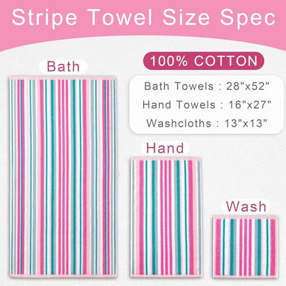 VOOVA & MOVAS Striped Towels 6 Pack, 100% Cotton, Pink Aqua | Bathroom & Guest Space, Available in 13x13, 16x27, 28x52 In, Quick Dry, Bath Towels with Hanging Loops, Absorbent - color: Pink + Aqua + Teal Striped, size: 6 PCS Bathroom Towels