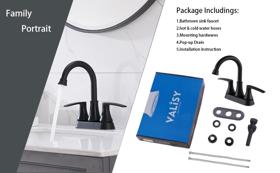 Lead-Free Matte Black Bathroom Sink Faucet, 2 Handle 4 Inch Centerset Faucet, Modern 360° Swivel High-Arc Spout Bath Lavatory Vanity Faucets for Sinks with Drain & Water Hoses, VALZST049B - color: Matte Black