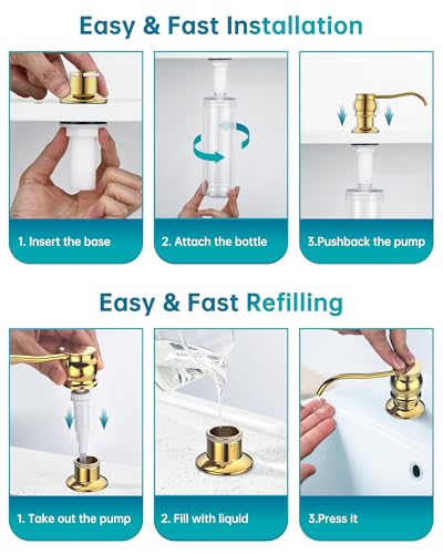 Built in Deck Mount Liquid Lotion Kitchen Countertop Metal Soap Dispenser, Gold Brass Dispenser Pump with 500ml (17oz) High Capacity Bottle - color: Gold, size: Without Hose