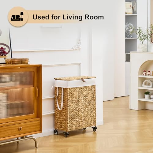 Rolling Laundry Hamper with Lid and Wheels, Slim Laundry Basket with Removable Liner Bag & 2 Mesh Bags, Handwoven Water Hyacinth Clothes Hamper for Bedroom Bathroom (Natural, 50L) - color: Natural/With Lid/50L