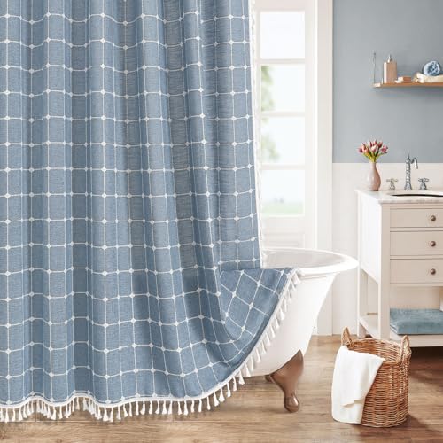 Boho Farmhouse Classic Plaid Linen Tassel Shower Curtain Blue,72x84 | Extra Long Xl,310GSM Linen Blend Heavy Duty Cloth,3-side Tassels,Wrinkle Resistant,Farmhouse Cottagecore,Water Repellent - color: Blue, size: 72"W x 84"L (Pack of 1)