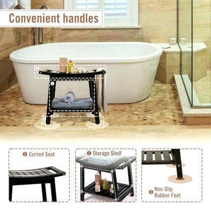 BRIOPAWS Shower-Bench-Seat-Waterproof | Black Shower Stool-for-Inside-Shower | HDPE Plastic | Bathroom-Benches w/Storage Shelf & Handles | Shaving Legs | Indoor Outdoor Use | 21.8 x 14 x 18.1 Inch - size: Black-L