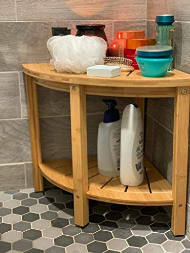 Premium Bamboo Shower Bench & Shower Stool with Storage Shelf… (CornerShape)